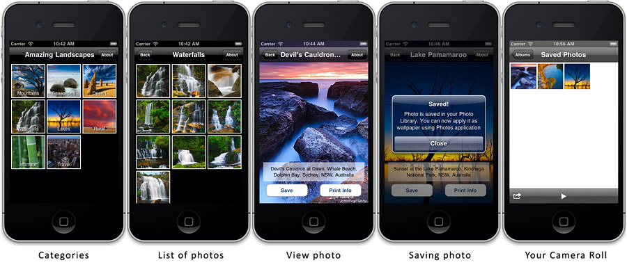 Sample screenshots of the Amazing Landscapes Photography iPhone and iPod touch application