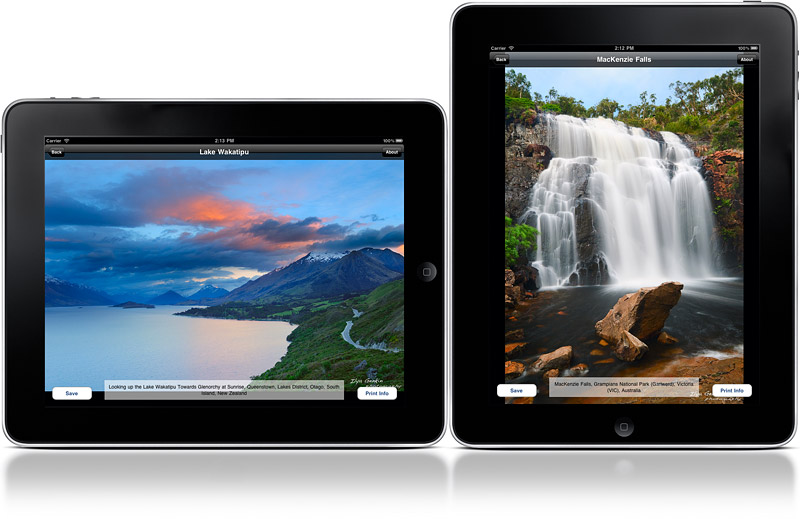 Sample screenshots of the Amazing Landscapes Photography iPad application