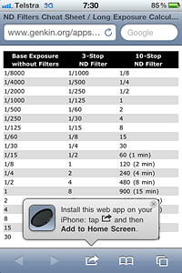 'Add to Home Screen' ND Filters Cheat Sheet / Long Exposure Calculator mobile application for iPhone, iPad and iPod touch.