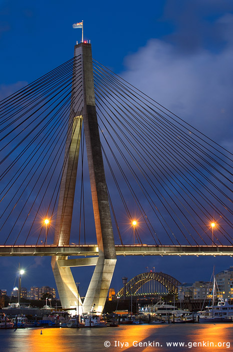 australia stock photography | Anzac Bridge and Sydney Harbour Bridge at Night, Glebe, Sydney, NSW, Australia, Image ID AU-SYDNEY-ANZAC-BRIDGE-0005