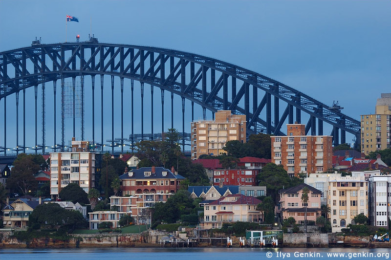 australia stock photography | Sydney Harbour Bridge and Apartments at Kirribilli at Dawn, View from Cremorne Point, Sydney, New South Wales, Australia, Image ID AUHB0026