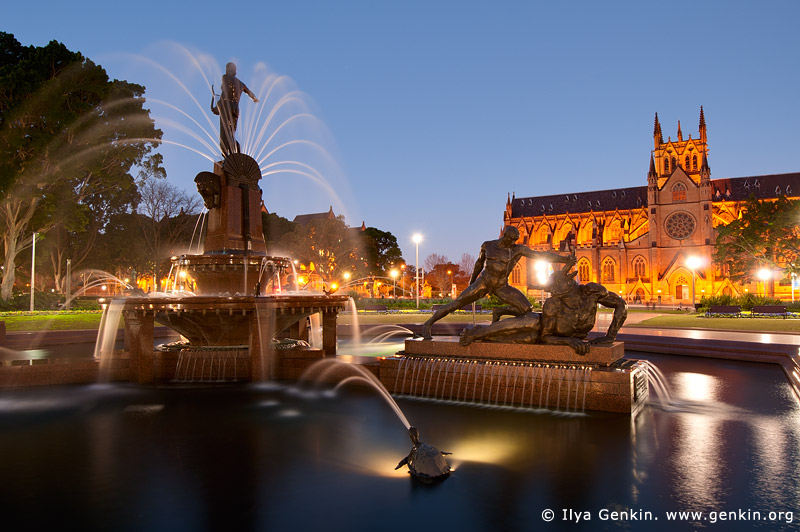 australia stock photography | Archibald Fountain after Sunset, Hyde Park, Sydney, NSW, Australia, Image ID AU-SYDNEY-HYDE-PARK-0001