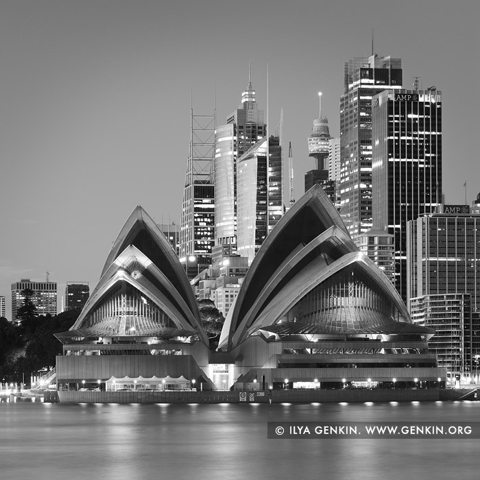 australia stock photography | Sydney Opera House and City at Night in Black and White, Kirribilli, Sydney, New South Wales (NSW), Australia, Image ID AU-SYDNEY-OPERA-HOUSE-0022