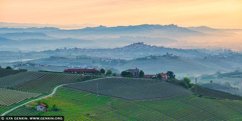 italy stock photography | Roddi and Hills of Barolo at Sunrise, Cuneo, Piedmont, Italy, Image ID ITALY-PIEDMONT-0005
