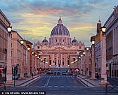  stock photography | Saint Peter's Basilica at Sunset, Vatican City, Rome, Lazio, Italy, Image ID ITALY-ROME-VATICAN-0001. The Papal Basilica of Saint Peter in the Vatican (Basilica Papale di San Pietro in Vaticano), or simply Saint Peter's Basilica (Basilica Sancti Petri), is a church built in the Renaissance style located in Vatican City, the papal enclave that is within the city of Rome, Italy. It was initially planned by Pope Nicholas V and then Pope Julius II to replace the aging Old St. Peter's Basilica, which was built in the fourth century by Roman emperor Constantine the Great. Designed principally by Donato Bramante, Michelangelo, Carlo Maderno and Gian Lorenzo Bernini, St. Peter's is the most renowned work of Renaissance architecture and the largest church in the world by interior measure. While it is neither the mother church of the Catholic Church nor the cathedral of the Diocese of Rome, St. Peter's is regarded as one of the holiest Catholic shrines. It has been described as 'holding a unique position in the Christian world', and as 'the greatest of all churches of Christendom.'
