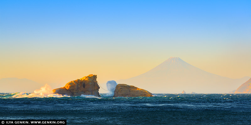 japan stock photography | Ushitsukiiwa and Mt. Fuji at Sunset, Kumomi, Izu Peninsula, Shizuoka Prefecture, Japan, Image ID JAPAN-KUMOMI-USHITSUKIIWA-0001