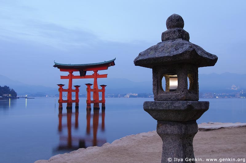 japan stock photography | O-Torii (Grand Gate) and Stone Lantern at Dawn, Itsukushima Shrine, Miyajima, Honshu, Japan, Image ID JPMI0002