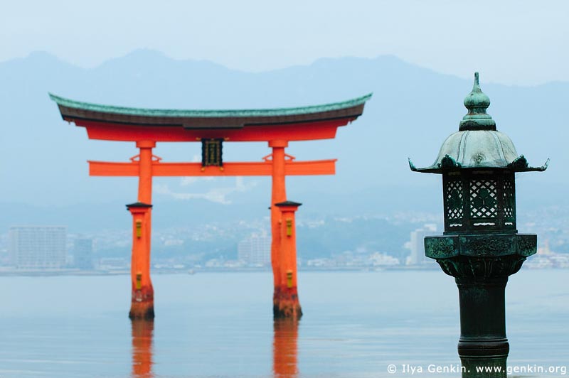 japan stock photography | O-Torii (Grand Gate) and Lantern, Itsukushima Shrine, Miyajima, Honshu, Japan, Image ID JPMI0026