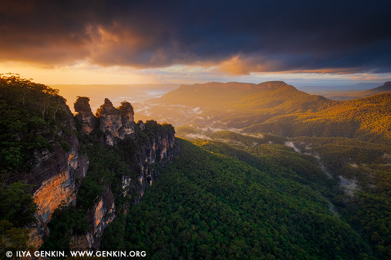 landscapes stock photography | The Three Sisters at Dramatic Sunrise, Echo Point, Katoomba, Blue Mountains, NSW, Australia, Image ID THREE-SISTERS-BLUE-MOUNTAINS-0006