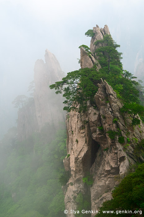 landscapes stock photography | Double Scissors Peak View from Flying-over Rock Lookout, Baiyun Scenic Area, Huangshan (Yellow Mountains), China, Image ID CHINA-HUANGSHAN-0014