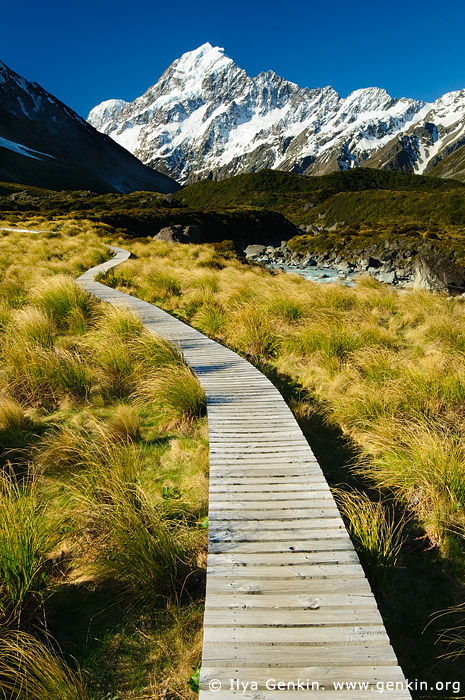 landscapes stock photography | Walking Path to Hooker Lake and Aoraki/Mount Cook, Mackenzie Region, Southern Alps, South Island, New Zealand, Image ID AORAKI-MOUNT-COOK-0002