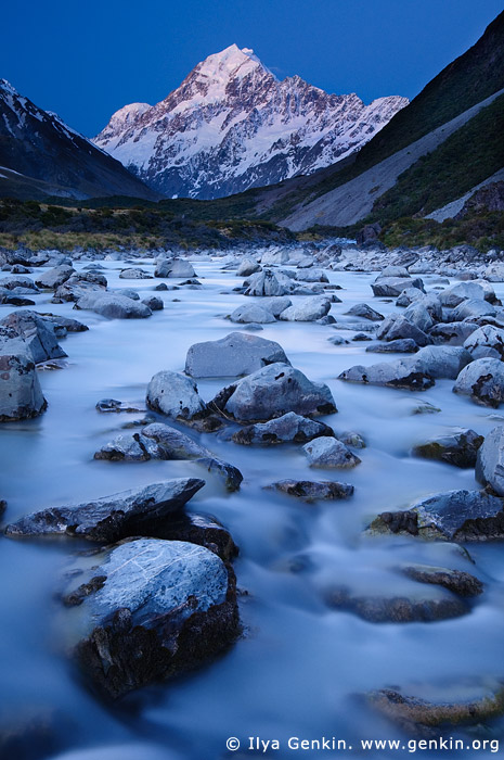 landscapes stock photography | Hooker River and Aoraki/Mount Cook after Sunset, Mackenzie Region, Southern Alps, South Island, New Zealand, Image ID AORAKI-MOUNT-COOK-0004