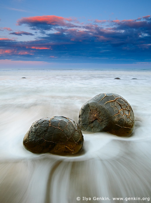 landscapes stock photography | Moeraki Boulders at Sunset, Otago, South Island, New Zealand, Image ID NZ-MOERAKI-BOULDERS-0001