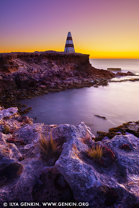 landscapes stock photography | Cape Dombey Obelisk at Sunset, Robe, Limestone Coast, South Australia, Australia, Image ID AU-ROBE-0003