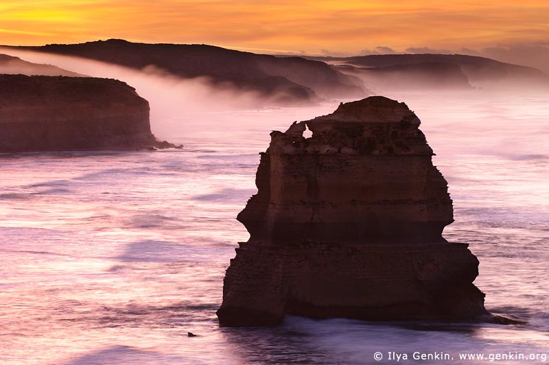 landscapes stock photography | Early Morning Mist Flowing Down the Slopes at Twelve Apostles, Great Ocean Road, Port Campbell National Park, Victoria, Australia, Image ID APOST-0002