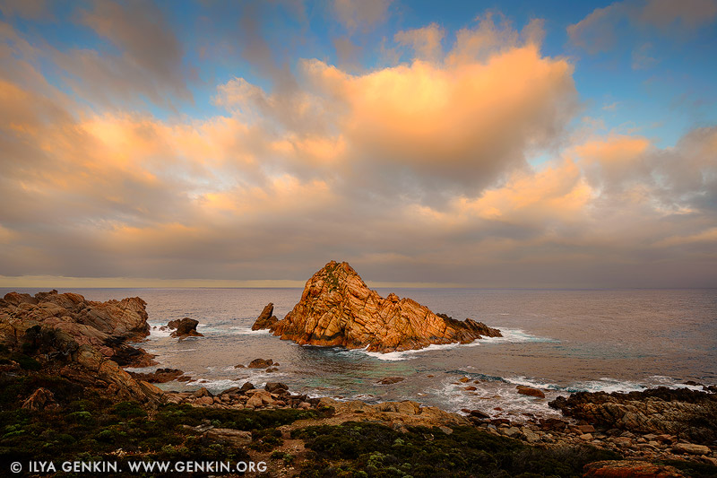 landscapes stock photography | Sugarloaf Rock at Sunrise, Dunsborough, South-West Coast, Western Australia, Australia, Image ID AU-WA-SUGARLOAF-ROCK-0001