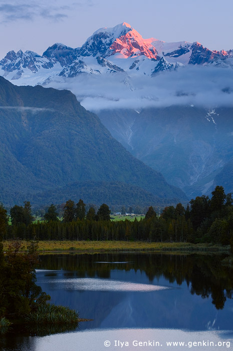 landscapes stock photography | Mt Tasman at Sunset, Lake Matheson, South Westland, South Island, New Zealand, Image ID NZ-LAKE-MATHESON-0004