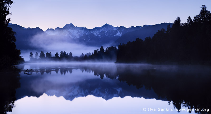 landscapes stock photography | Panorama of Lake Matheson at Sunrise, Lake Matheson, South Westland, South Island, New Zealand, Image ID NZ-LAKE-MATHESON-0006