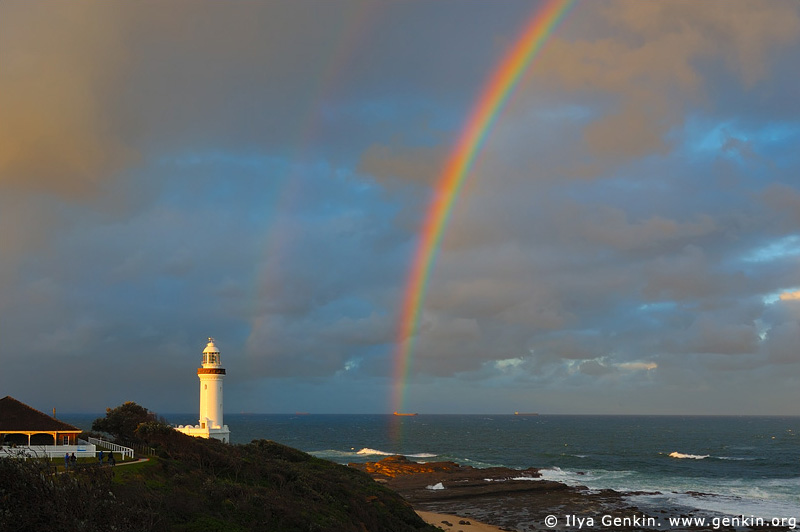 lighthouses stock photography | Rainbow and The Norah Head Lighthouse at Sunset, Central Coast, Norah Head, NSW, Image ID AULH0024