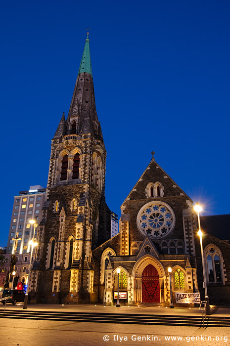  stock photography | ChristChurch Cathedral at Twilight, Cathedral Square, Christchurch, Canterbury, New Zealand, Image ID NZ-CHRISTCHURCH-0003