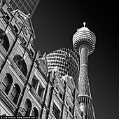 portfolio stock photography | Sydney Tower, Sydney, NSW, Australia. Sydney Tower Eye (also known as the Sydney Tower, AMP Tower, Westfield Centrepoint Tower, Centrepoint Tower or just Centrepoint, and colloquially as Flower Tower, Glower Tower, and Big Poke) is the city's tallest structure, is one of Sydney's most prominent landmarks. The 309 meter (1014ft) high tower was built in 1981 as a communications tower and tourist facility. Each year, more than a million visitors enjoy the spectacular views over Sydney. Sydney Tower Eye takes you to the highest point above Sydney for breathtaking 360 degree views of the beautiful harbour city. From the golden beaches to the distant Blue Mountains.