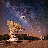  stock photography | Milky Wave Above ATCA, Australia Telescope Compact Array, Narrabri, NSW, Australia. The Australia Telescope Compact Array (ATCA), at the Paul Wild Observatory, is an array of six 22-m antennas used for radio astronomy. It is located about 25 km west of the town of Narrabri in rural NSW (about 500 km north-west of Sydney). It is operated by CSIRO's Astronomy and Space Science division, as are the Parkes Observatory and the Mopra Observatory near Coonabarabran. A fourth radio telescope, the Australian Square Kilometre Array Pathfinder, is also being developed by CSIRO at the Murchison Radio-astronomy Observatory in the Mid-West of Western Australia. Collectively, CSIRO's radio astronomy observatories are known as the Australia Telescope National Facility, with the facility supporting Australia's research in radio astronomy.