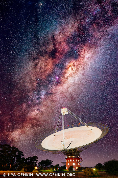 stock photography | The Dish and Starry Sky, Radio Antenna Telescope, Parkes, New South Wales (NSW), Australia, Image ID PARKES-DISH-MILKY-WAY-0001
