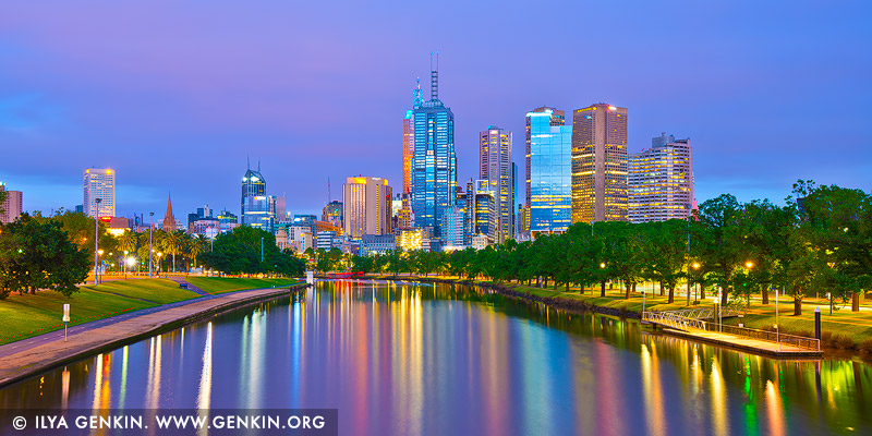 Melbourne and Yarra River at Dawn, Alexandra Ave / Olympic Blvd Bridge, Melbourne, Victoria, Australia