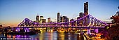 australia stock photography | The Story Bridge and Brisbane at Dusk, Brisbane, QLD, Australia, Image ID AU-BRISBANE-0001. Panorama of the Story Bridge and Brisbane City from Wilsons Outlook Reserve after sunset. The Story Bridge is a heritage-listed steel cantilever bridge spanning the Brisbane River that carries vehicular, bicycle and pedestrian traffic between the northern and the southern suburbs of Brisbane, Queensland, Australia. It is the longest cantilever bridge in Australia.