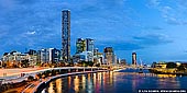 australia stock photography | Brisbane City and Kurilpa Bridge after Sunset, Brisbane, QLD, Australia, Image ID AU-BRISBANE-0003. Panorama of the Brisbane City, river and Kurilpa Bridge after sunset. The Kurilpa Bridge (originally known as the Tank Street Bridge) is pedestrian and bicycle bridge over the Brisbane River in Brisbane, Queensland, Australia. The bridge connects Kurilpa Point in South Brisbane to Tank Street in the Brisbane central business district. The name reflects the Australian Aboriginal word for the South Brisbane and West End area, and means 'place for water rats'.