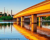 australia stock photography | Commonwealth Bridge at Sunrise, Canberra, ACT, Australia, Image ID AU-ACT-CANBERRA-0009. Bridge to bridge in Canberra basically means walking or strolling or jogging or running or cycling or even segueing around the central portion of Lake Burley Griffin and walking along the Commonwealth Avenue and Kings Avenue Bridges.