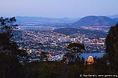 australia stock photography | Hobart at Dusk From Mount Nelson, Tasmania (TAS), Australia, Image ID AU-HOBART-0003. Mount Nelson and Truganini Reserve is a conservation area south of Hobart, Tasmania, Australia. Mount Nelson is 10 minutes' drive from Hobart (five kilometres) en route to Kingston. Originally the site of one of a chain of signal stations that linked Hobart Town with Port Arthur, Mount Nelson is now the location for a restaurant, picnic area and lookout in addition to one of Hobart's oldest residential areas. Here, you can enjoy sweeping views of Hobart and Storm Bay from the lookout or call into Mt Nelson Signal Station Restaurant for great coffee or a delicious light lunch.