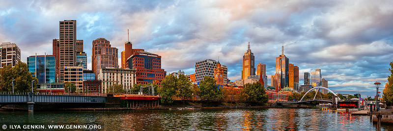 Melbourne, Rainbow Pedestrian Bridge and Flinders Street Station at Sunset, Southbank, Melbourne, Victoria, Australia