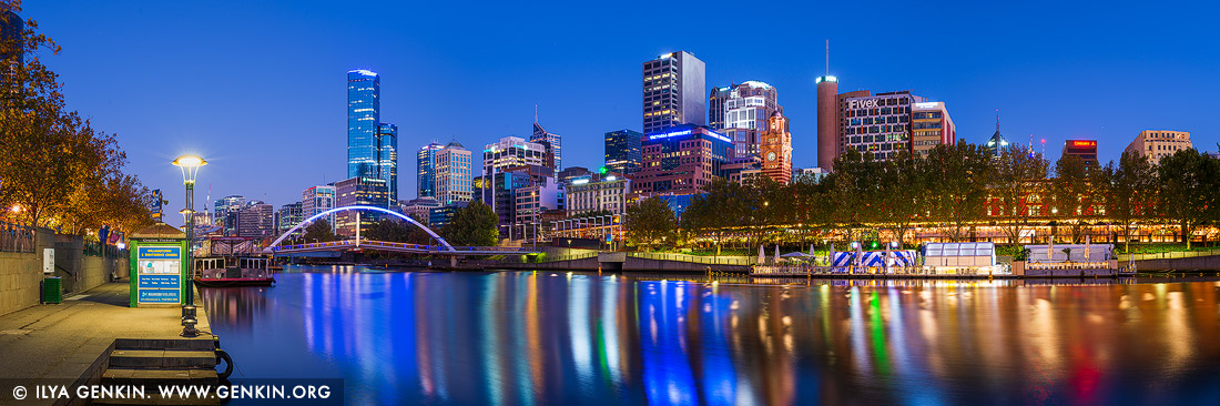 australia stock photography | Melbourne CBD, Rainbow Bridge and Flinders Street Station at Twilight, Southbank, Melbourne, Victoria, Australia, Image ID AU-MELBOURNE-0028