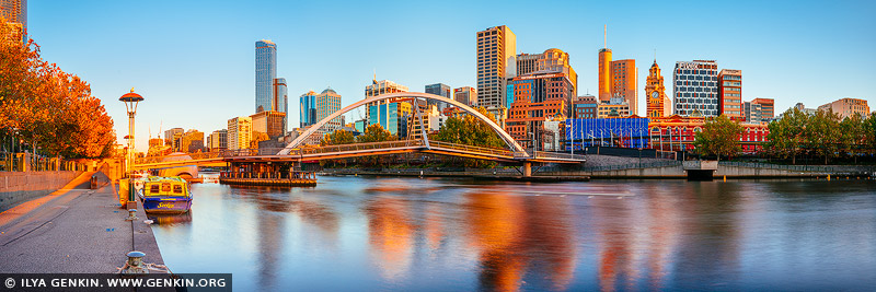 Melbourne, Rainbow Pedestrian Bridge and Flinders Street Station at Sunrise, Southbank, Melbourne, Victoria, Australia