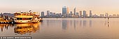 australia stock photography | Paddle Steamer P.S. Decoy with Perth Skyline, Mends Street Jetty, Perth, WA, Australia, Image ID AU-PERTH-0002. South Perth Esplanade offers stunning views of Perth's city skyline and Swan River. It's a great place to watch rising sun and enjoy the city glowing on gold and yellow.