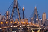 australia stock photography | Anzac Bridge and Sydney Tower at Dusk, Glebe, Sydney, NSW, Australia, Image ID AU-SYDNEY-ANZAC-BRIDGE-0008. Early evening at the Anzac Bridge in Sydney, NSW, Australia when people are travelling back home from the city after a day at work. Blue evening sky perfectly matches with golden tone of the bridge, Sydney Tower and city skyscrapers and buildings.