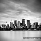 australia stock photography | The Sydney City Skyline, Sydney, NSW, Australia, Image ID AU-SYDNEY-0013. Magnificent black and white photo of the Sydney city skyline from the walking path along the shore of Sydney harbour near Mrs Macquarie's Chair in Sydney, NSW, Australia.