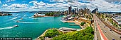 australia stock photography | Panoramic View of the Sydney City, Sydney, NSW, Australia, Image ID AU-SYDNEY-0009. The Sydney Harbour Bridge Pylon Lookout is a must-see whilst in Sydney. Located on the south side of Sydney Harbour Bridge it provides three levels of exhibits and magnificent panoramic view of the City of Sydney, North Sydney, east towards the heads of Sydney Harbour, the Opera House, Circular Quay, Botanical Gardens and the surrounding areas. Goat Island and Fort Denison can also be seen. On a clear day you can see as far as the Blue Mountains.