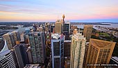 australia stock photography | Sydney City at Dusk from Above, Sydney, NSW, Australia, Image ID AU-SYDNEY-0028. The beautiful illuminated city high-rise buildings during an evening in the city of Sydney reveals its skyline and the Centre Business District at sunset. The city of Sydney has recognisable architectural structures which give this beautiful city a distinctive skyline - such as the pencil tall Sydney Tower, with the observation deck located on level four of Sydney Tower.