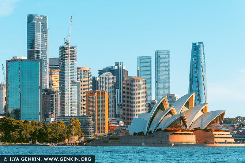 australia stock photography | Harbour Harmony: Sydney Skyline and Opera House in Afternoon Glow, Sydney, New South Wales (NSW), Australia. Sydney's skyline rises in shimmering layers behind the sculptural curves of the Opera House, captured here from the water with a perfect balance of energy and calm. Bathed in soft afternoon light, the scene pulses with modern vibrancy - steel and glass towers reaching skyward while the iconic sails of the Opera House glow with golden warmth. The contrast of natural harbour blues and architectural geometry creates a rich visual rhythm, telling a story of a city that embraces both innovation and heritage. This fine art photograph offers a timeless view of Sydney's heartbeat - ideal for contemporary interiors, offices, or spaces that celebrate urban sophistication with a coastal soul.