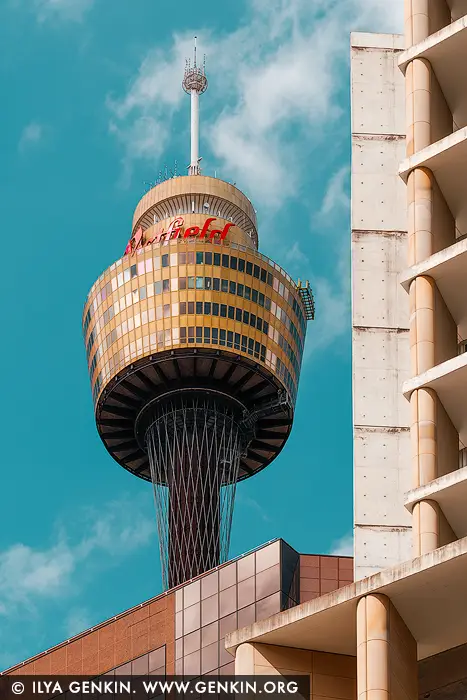 australia stock photography | Golden Beacon Above Sydney, Sydney, NSW, Australia. Rising boldly against a canvas of turquoise sky, the Sydney Tower Eye gleams with golden hues, its striking form a fusion of modern engineering and urban elegance. Captured from a unique angle, the tower's radial lines and architectural symmetry are juxtaposed with the muted textures of surrounding buildings - a perfect balance of contrast and harmony. As the tallest structure in Sydney, it stands not just as a landmark but as a symbol of aspiration and perspective, offering sweeping views across the city. This fine art piece channels the vibrancy and vertical energy of Australia's iconic skyline - ideal for elevating a modern interior, whether in a stylish apartment, a creative studio, or an executive office.