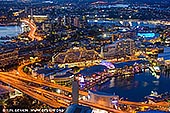 australia stock photography | Darling Harbour at Night from Above, Sydney, NSW, Australia, Image ID AU-SYDNEY-DARLING-HARBOUR-0027. The deep blue colouring of the sky settles in over the Darling Harbour in Sydney in NSW, Australia at dusk creating beautiful view.