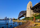 australia stock photography | Morning at Sydney Harbour Bridge, Kirribilli, NSW, Australia, Image ID AU-SYDNEY-HARBOUR-BRIDGE-0035. Stock image of the Sydney Harbour Bridge in the morning from Kirribilli, NSW, Australia with space for text in the upper left corner.