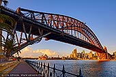 australia stock photography | Harbour Bridge and Sydney Opera House at Sunrise, Milsons Point, Sydney, NSW, Australia, Image ID AU-SYDNEY-HARBOUR-BRIDGE-0045. Stock photograph of the Harbour Bridge and the Sydney Opera House from Luna Park in Milsons Point, Sydney, NSW, Australia at sunrise.