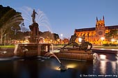 australia stock photography | Archibald Fountain after Sunset, Hyde Park, Sydney, NSW, Australia, Image ID AU-SYDNEY-HYDE-PARK-0001. Archibald Fountain in the Hyde Park is Sydney's favourite fountain. It is named after J.F. Archibald, owner and editor of The Bulletin magazine, who bequeathed funds to have it built.