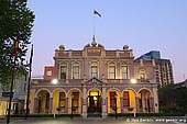 australia stock photography | Parramatta City Town Hall, Parramatta, Sydney, NSW, Australia, Image ID AU-SYDNEY-PARRAMATTA-0001. Parramatta City Town Hall is located in the heart of the 'City of Parramatta', Sydney, Australia. This 2 storey Victorian Free Classical Civic building was built in 1883 on the site marked out by Governor Phillip for a market in his plan for Parramatta. The Council Coat of Arms showing Aboriginal spearing eels from the river, appeared over the doorway, and above this was inscribed 'Town Hall, CJ Byrnes, Mayor, 1880'. It is still serving Parramatta as its Town Hall.