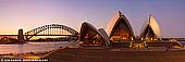 australia stock photography | Sydney Opera House and Harbour Bridge after Sunset, Sydney, NSW, Australia, Image ID AU-SYDNEY-OPERA-HOUSE-0037. Panoramic image of the two of Sydney's famous icons, the Sydney Opera House and Sydney Harbour Bridge at dusk after a sunset.