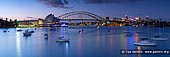 australia stock photography | Sydney Opera House and Harbour Bridge at Sunset, Sydney, New South Wales (NSW), Australia, Image ID AU-SYDNEY-OPERA-HOUSE-0009. Panoramic photo with boats and yachts parked in the Farm Cove in Sydney Harbour in front of the Sydney Opera House and the Harbour Bridge waiting for New Year Eve fireworks.