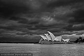 australia stock photography | Dramatic Image of Sydney Opera House, Sydney, NSW, Australia, Image ID AU-SYDNEY-OPERA-HOUSE-0036. Black and white image of the Sydney Opera House with dramatic clouds above.